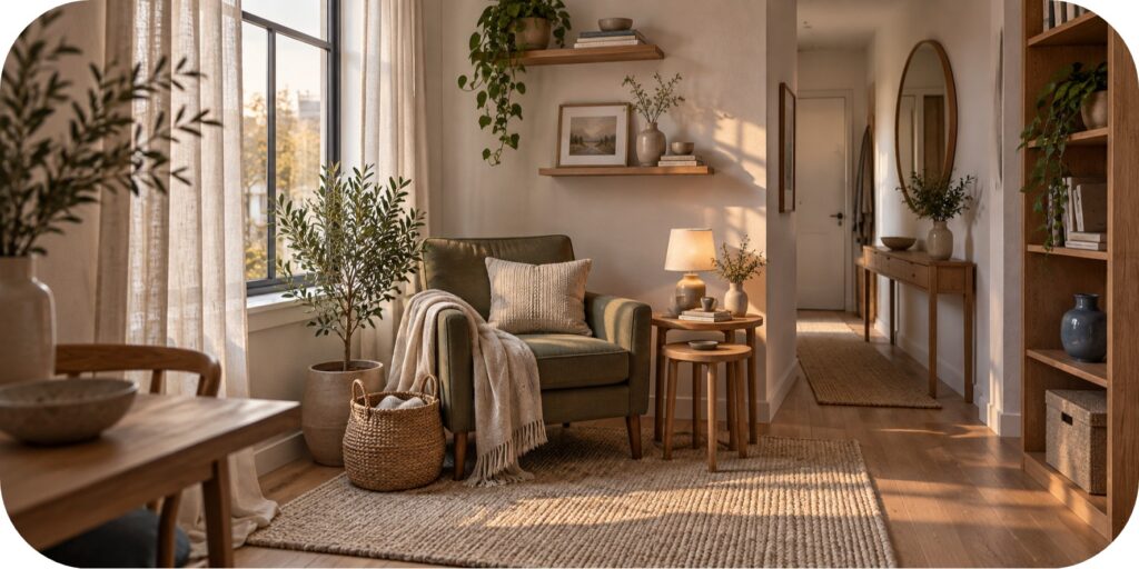 Small apartment reading nook with an olive armchair, nesting wood tables, warm lamp, woven basket, floating shelves, ivory curtains, and soft late-afternoon light.