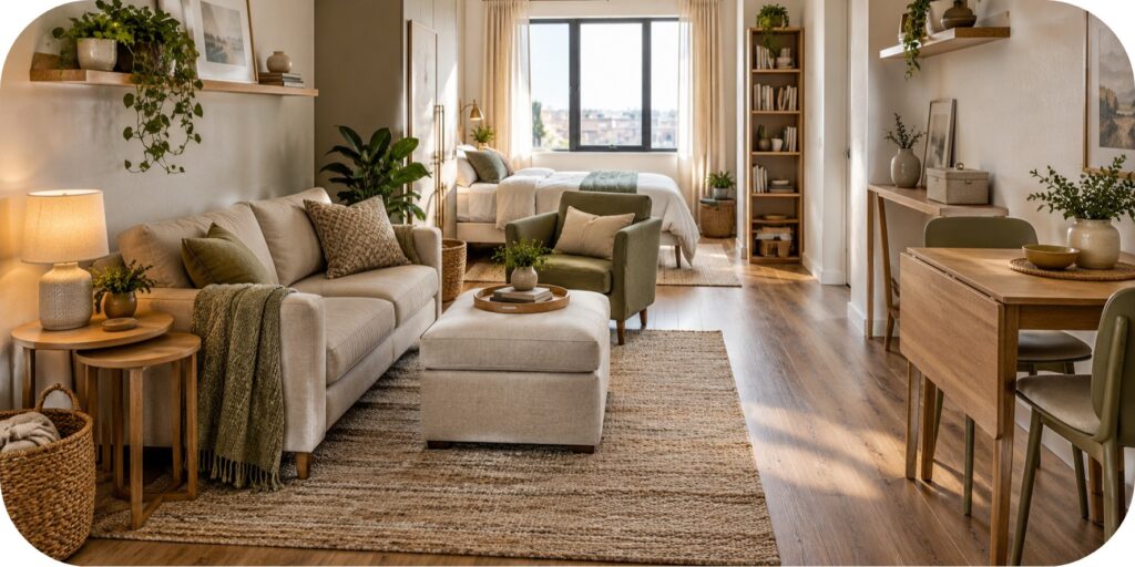 Multifunctional Studio Apartment Living Space Alt Text: Narrow studio apartment with a compact sofa, storage ottoman, olive chair, folding dining table, open shelving, and a sleeping area visible in the background.