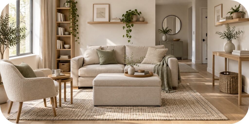 Bright compact living room with a beige sofa, storage ottoman, petite armchair, nesting tables, open shelving, woven baskets, and integrated storage.