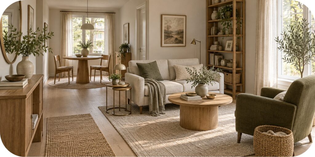 Compact open-plan apartment with an oatmeal loveseat, olive armchair, round oak coffee table, wool rug, tall bookcase, and small dining area in the background.