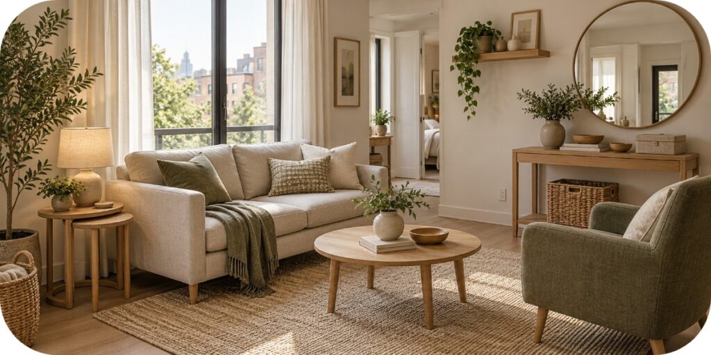 Compact apartment living room with an oatmeal loveseat, muted olive armchair, round oak coffee table, woven rug, natural wood furniture, ivory curtains, and potted plants in bright daylight.