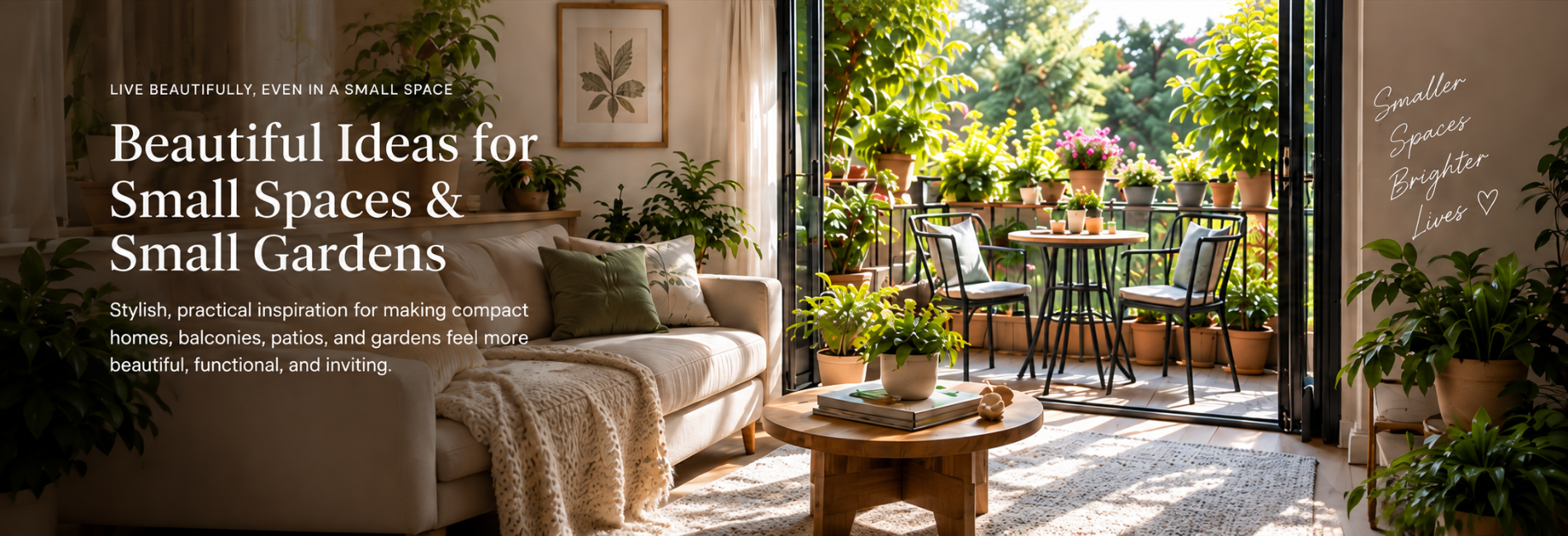 Warm compact living room opening onto a lush small balcony garden with a cozy sofa, round wood coffee table, café seating, and abundant potted greenery.
