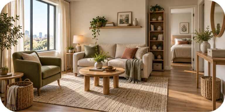 Calm Small Living Room with Breathing Space Alt Text: Small one-bedroom apartment living room with a beige sofa, olive armchair, round oak coffee table, woven rug, slim console, open shelving, and soft morning light.