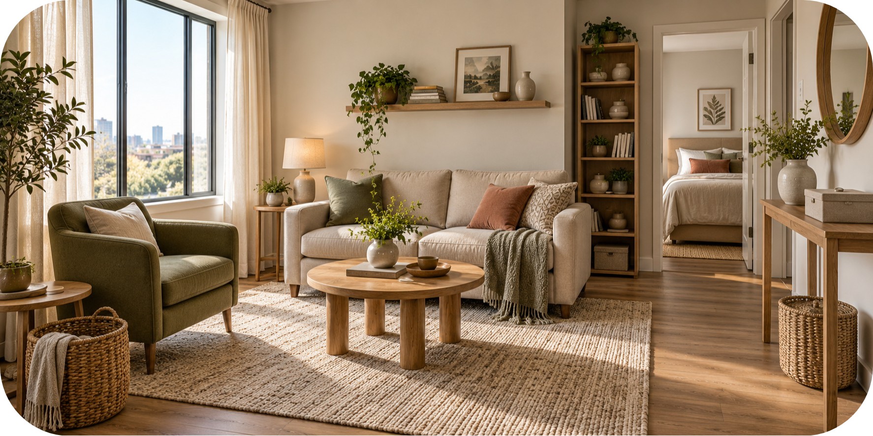 Calm Small Living Room with Breathing Space Alt Text: Small one-bedroom apartment living room with a beige sofa, olive armchair, round oak coffee table, woven rug, slim console, open shelving, and soft morning light.